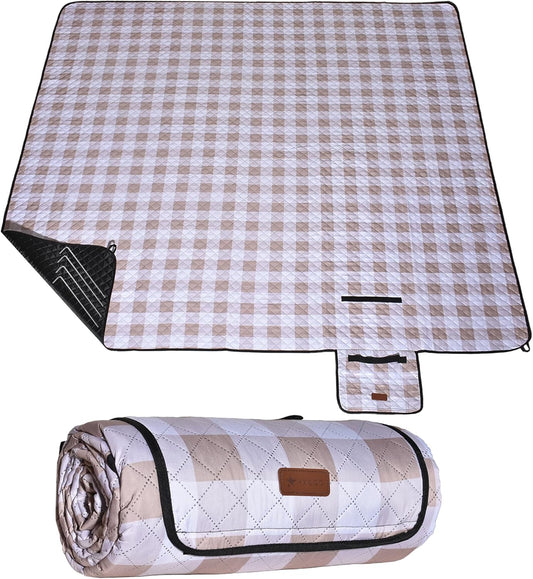 HX&OD Outdoor Picnic Blanket, Extra Large, 80''x60'' Waterproof Foldable Blankets Gingham Picnic Mat for Beach, Camping Grass Lawn Park Accessories Cute Couple Ideas Wedding (Light Brown, 80”x60”)