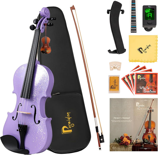 Poseidon Acoustic Violin for Beginner, Full Size Violin Set for Students with Hard Case, Extra 4/4 Strings Set, Violin Bow, Horse Bridge, Violin Rosin, Shoulder Rest, Clip-on Tuner, Manual - Purple