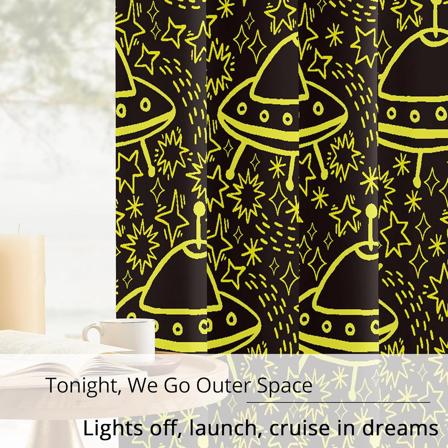 Kids Space Blackout Curtains - 100% Blackout, Thermal Insulated, Noise Reducing, UFO Design, Perfect for Kids Room and Nersury, 2 Panels (Neon UFO Night, W52×L84)