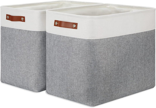 DULLEMELO Extra Large Storage Baskets, Fabric Storage Bins for Organizing Shelves Nursery Toys Books, Closet Baskets and Bins with Handles, White&Grey, 2-Pack