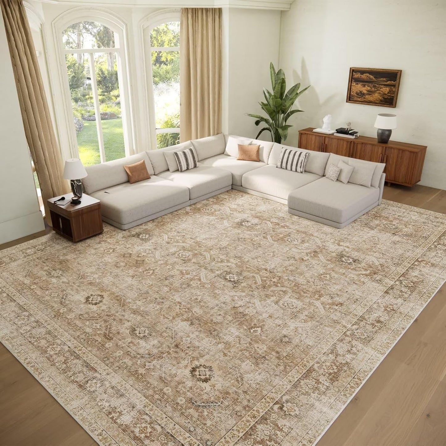 Washable 9x12 Area Rugs for Living Room, Boho Non-Slip Silicone Backing Rugs for Bedroom Dining Room Nursery Office, 0.3" Neutral Oriental Throw Carpet with 0.16" Cushioning Pad, Brown/Multi