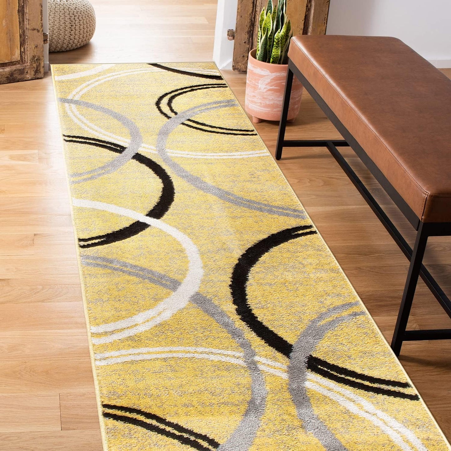 Rugshop Modern Wavy Circles Design Runner Rug 2' x 7'2" Yellow
