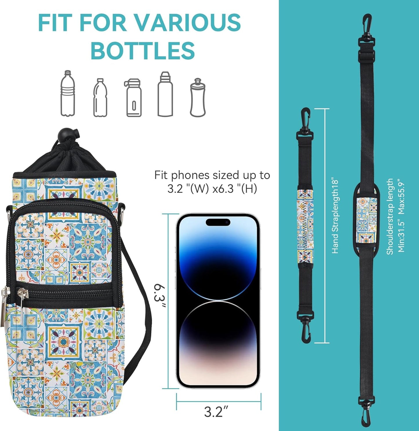 icolor Water Bottle Carrier Bag with Strap 25/32/40 oz Crossbody Bottle Holder with Phone Pocket Sling Sleeve Insulated Neoprene Water Bottle Pouch for Walking Travelling
