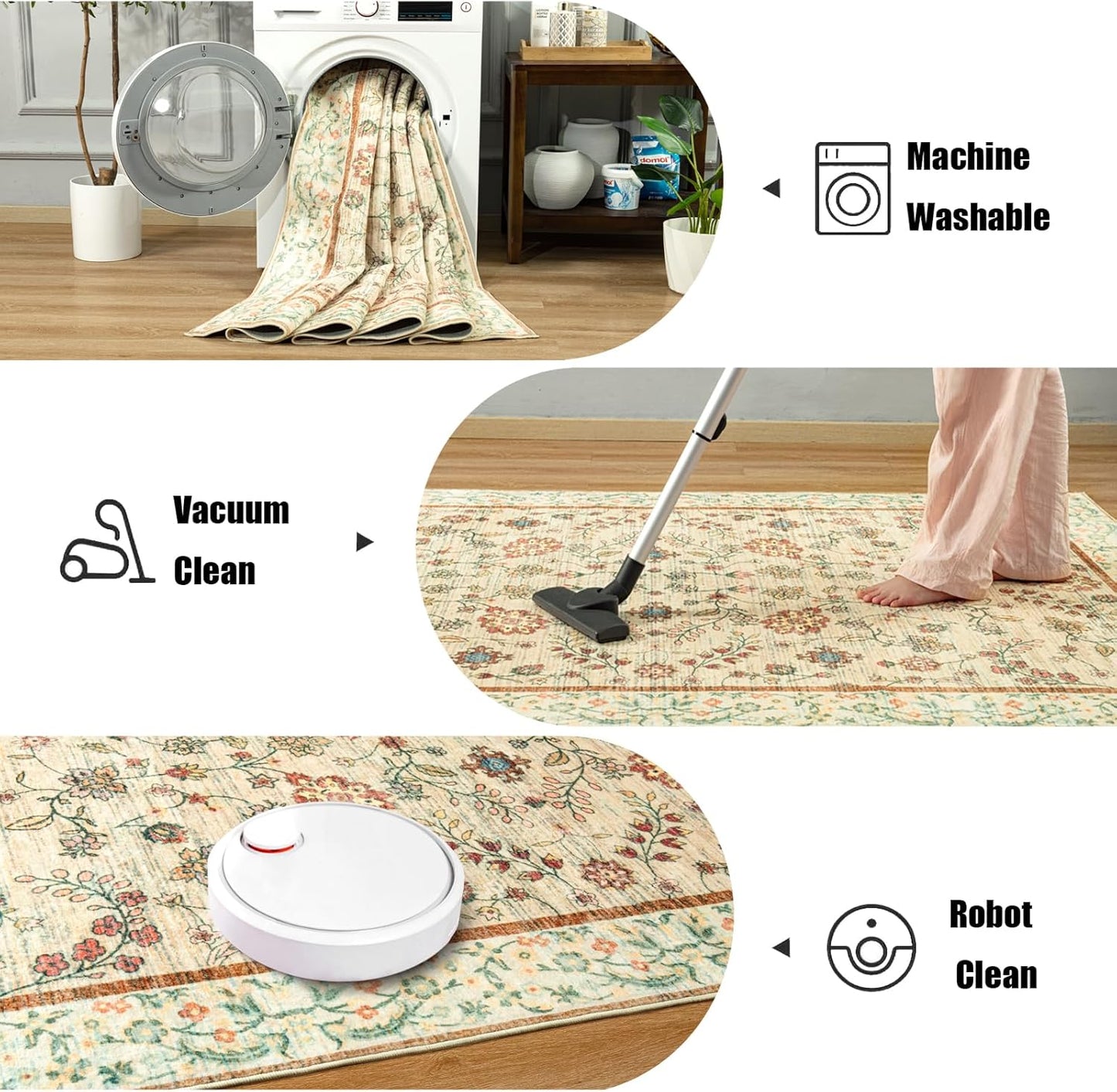 LOCHAS Washable Area Rugs 5x7, Beige Floral Rug for Living Room Bedroom Non Slip, Ultra Soft Vintage Indoor Carpet for Kids, Nursery, Dorm, Dining Room, Classroom, Boho Flower Home Decor, Low-Pile