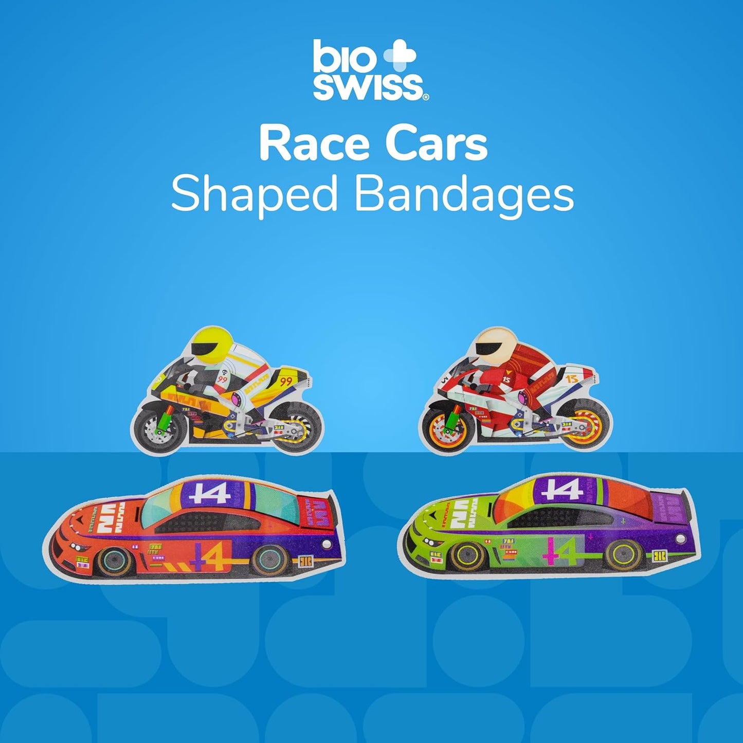BioSwiss Bandages, Race Cars Shaped Self Adhesive Bandage, Latex Free Sterile Wound Care, Fun First Aid Kit Supplies for Kids and Adults, 50 Count