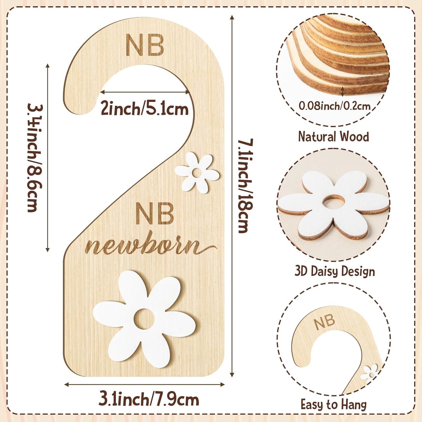 R HORSE Wooden Baby Closet Dividers - 8Pcs Double-Sided 3D Daisy Nursery Closet Organizer Baby Clothes Size Hanger Dividers Newborn Nursery Decor Birthday Gift for Boy Girl (0-24 Months)