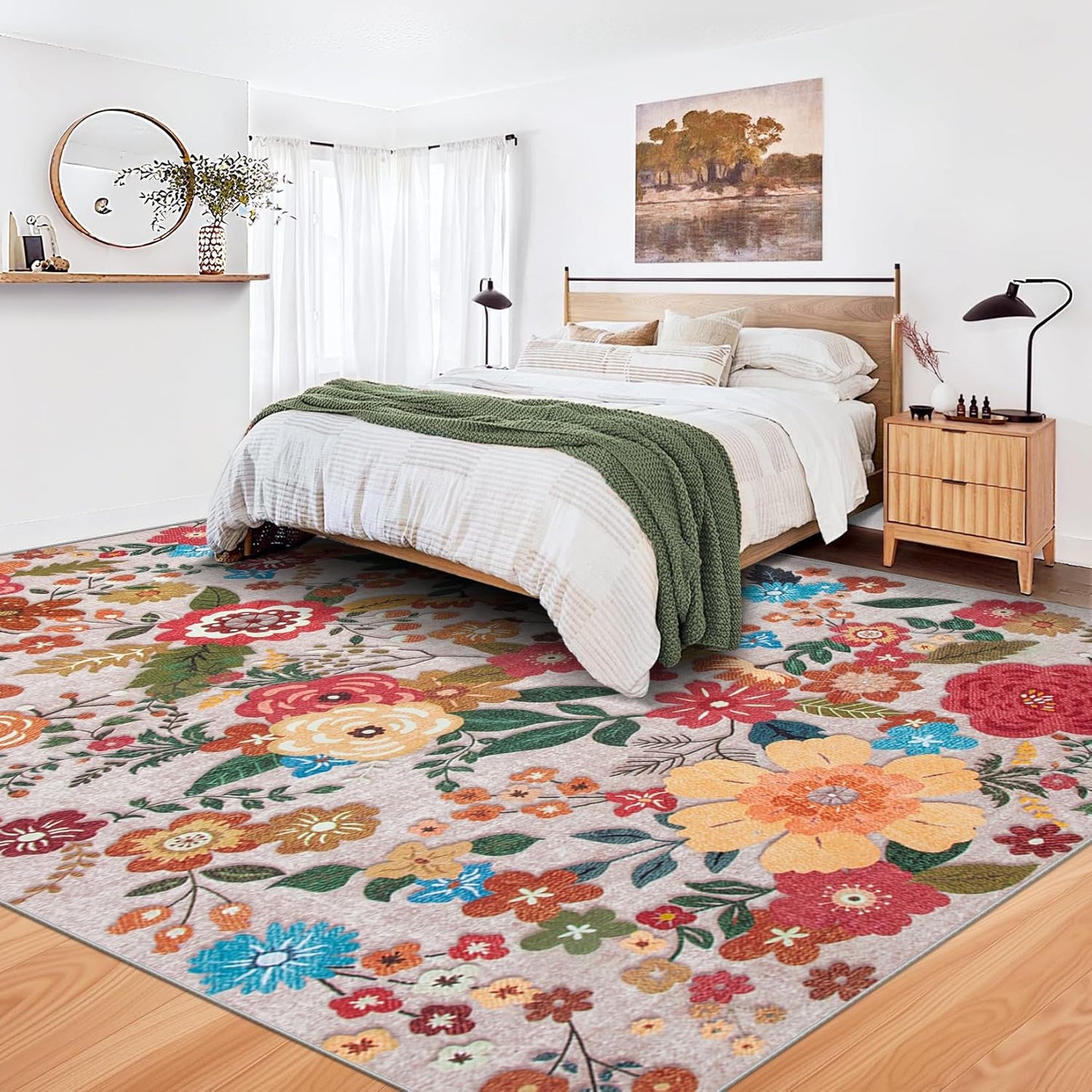 9x12 Area Rug for Living Room: Vintage Floral Washable Rug Soft Boho Non Slip Carpet Large Indoor Floor Non Shedding Low Pile Thin Carpets for Bedroom Dining Room Farmhouse Nursery Home Office Beige