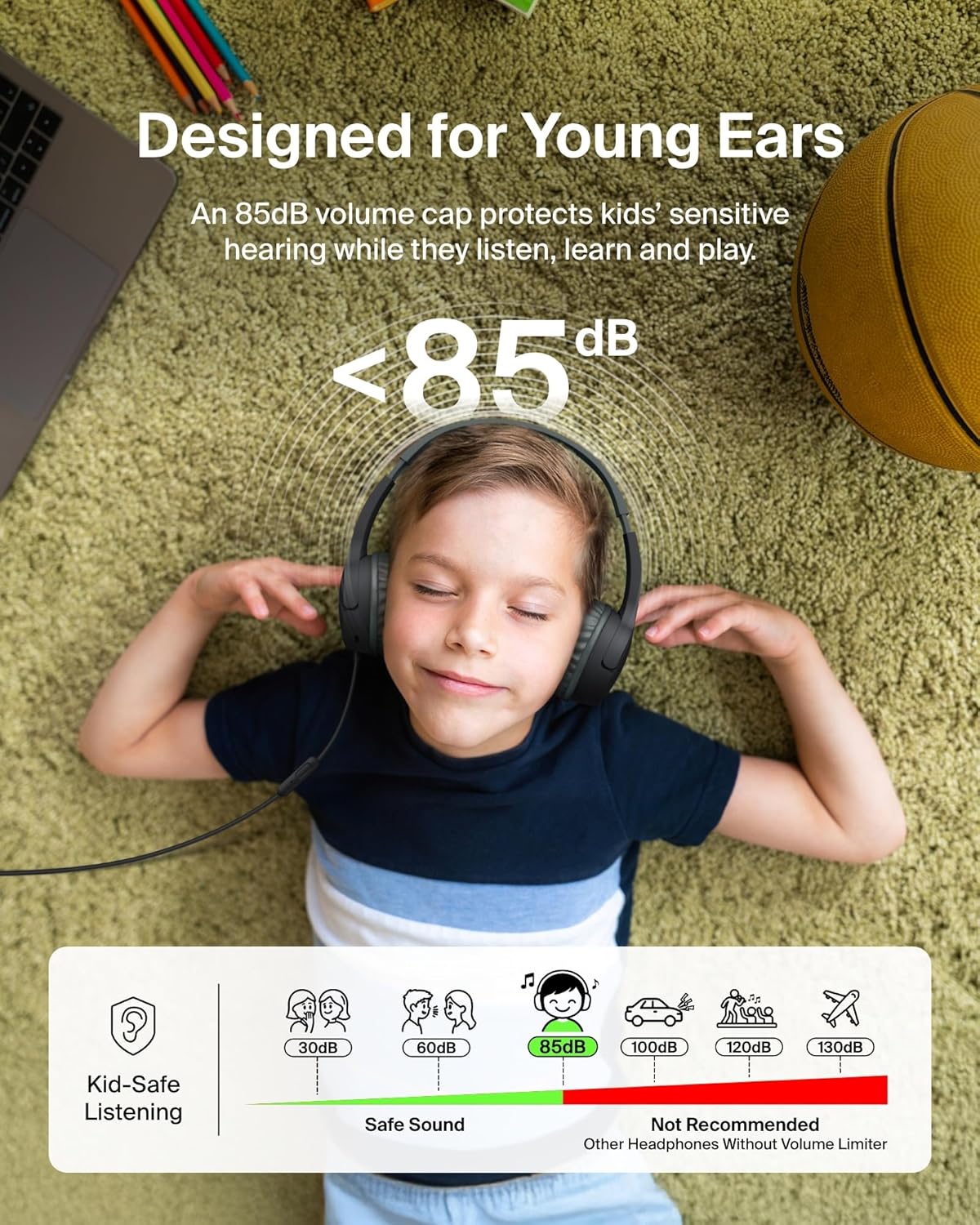Belkin SoundForm Mini Kids Wired Headphones w/USB C to 3.5mm Dongle, Built-in Mic & Fun Stickers, 85dB Max Volume – for Online Learning, Travel, Compatible w/iPhone 16, iPad, Galaxy S25, etc - Black