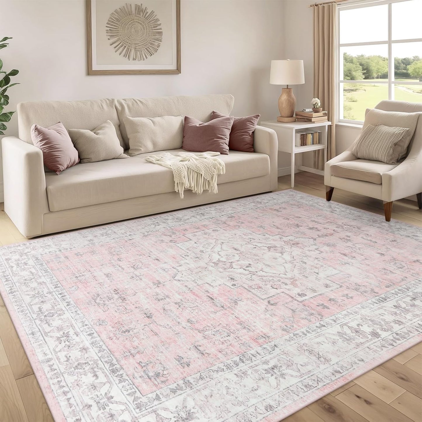 LIVEBOX Pink 6x9 Area Rug for Bedroom Girls, Boho Washable Rugs for Living Room Nursery, Non-Slip Indoor Soft Carpet Low-Pile Farmhouse Carpets for Dining Room Kids Playroom, Pink