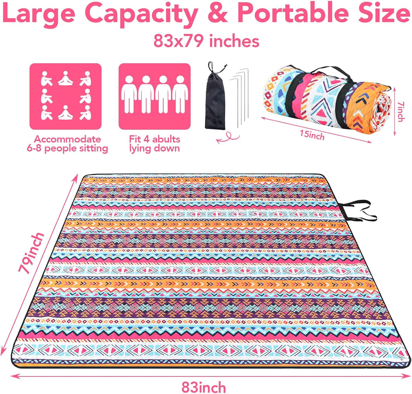 PY SUPER MODE Picnic Blankets Extra Large, Waterproof Foldable Outdoor Beach Blanket Oversized 83x79” Sandproof, 3-Layer Picnic Mat for Camping, Hiking, Travel, Park, Concerts-Bohemian Brown