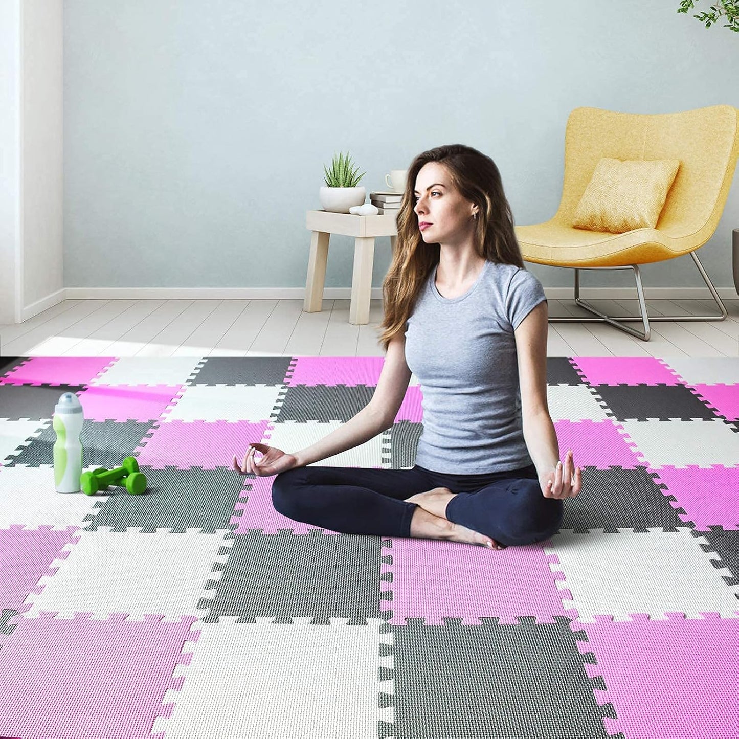 qqpp EVA Rubber 18 Tiles Interlocking Puzzle Foam Floor Mats - Baby Play Mat for Playing | Exercise Mat for Home Workout. White, Pink, Gray. QC-ACLb18N