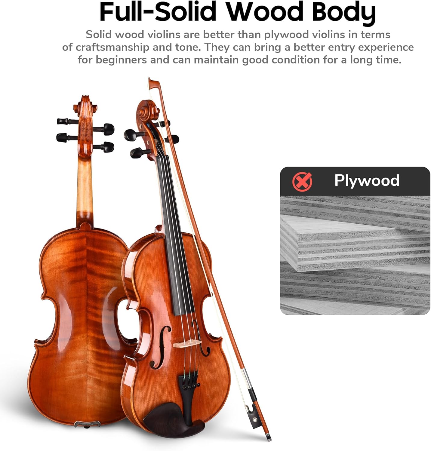 AW Solid Wood Violin 4/4 Full Set Fiddle Beginner Violin Full Size Stradivari Copy Style with Carry Case Bow Rosin Shoulder Rest for Student Adults Starter Kit