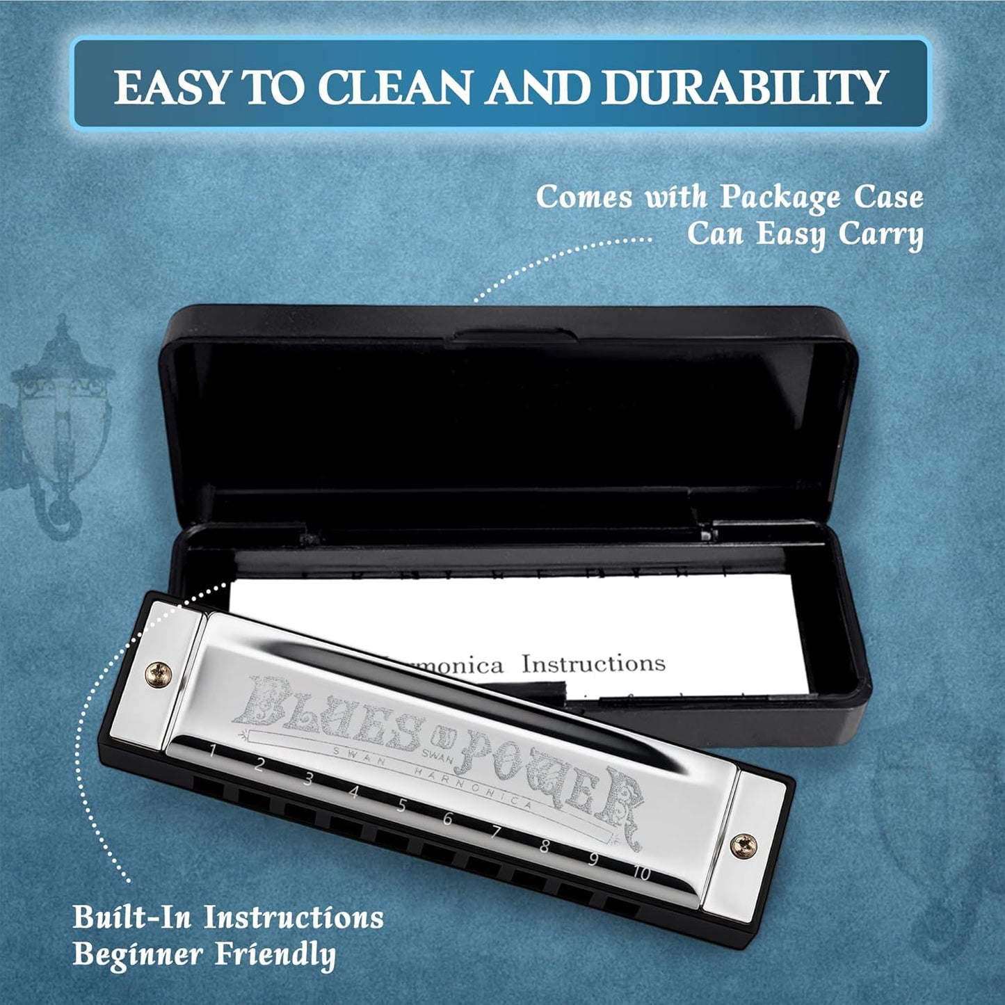 SWAN Blues Harmonica, Key of D, 10 Hole 20 Tone Diatonic Harp Mouth Organ, Stainless Steel Deluxe Harmonica for Adults, Students, Beginners, as a Gift (Silver-D)