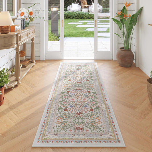 Runner Rug for Kitchen Rug Non Slip 2'6"x8' Washable Rugs with Rubber Backing Soft Vintage Floral Botanical Carpet Runner for Kitchen, Laundry, Bedroom, Bathroom, Beige
