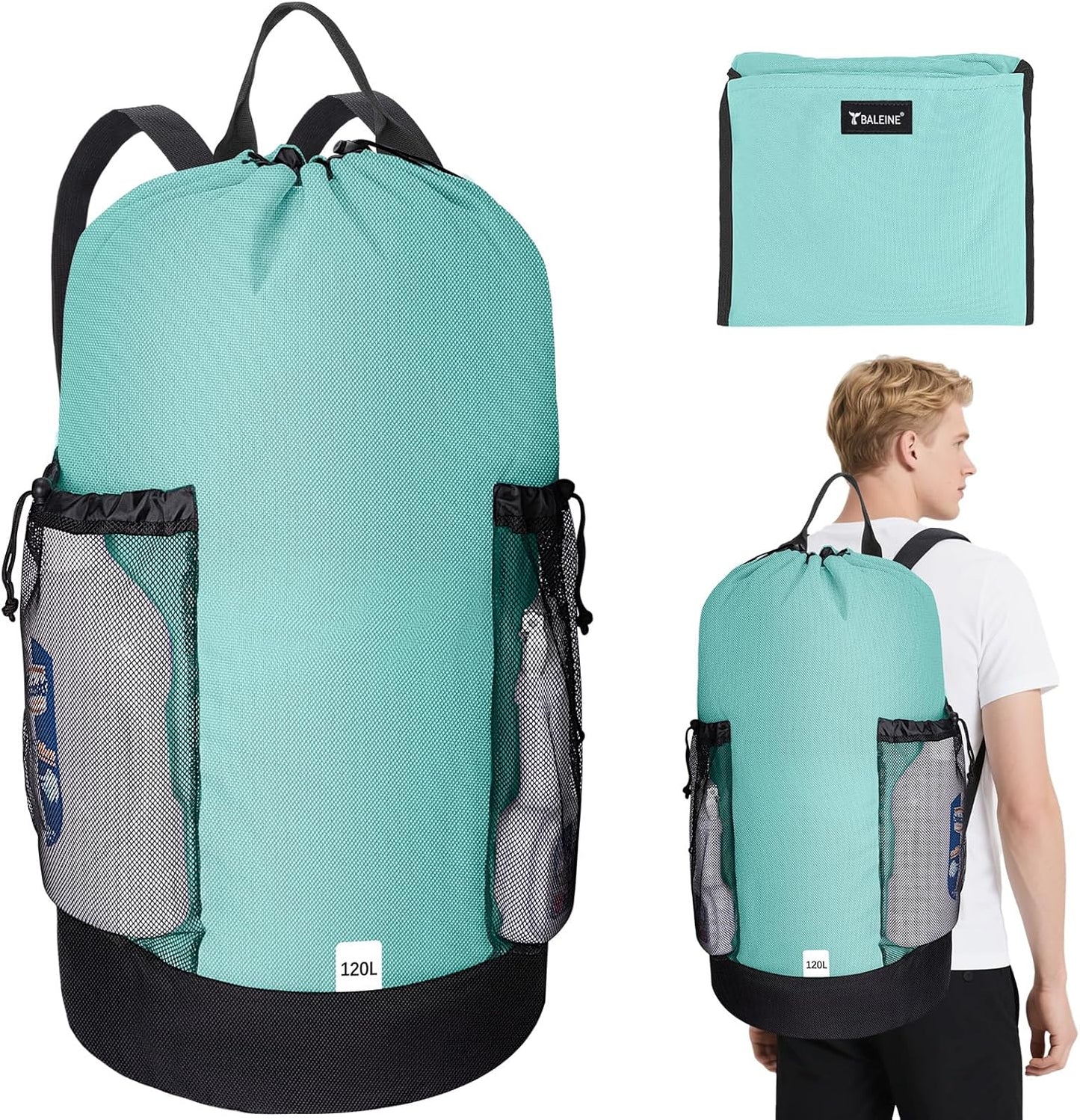 BALEINE 120L Laundry Bag Backpack, 900D Oxford Fabric Large Travel Laundry Bags with Shoulder Straps and 2 Mesh Pockets for College Dorm, Apartment, Laundromat (Sky Blue, 120L)
