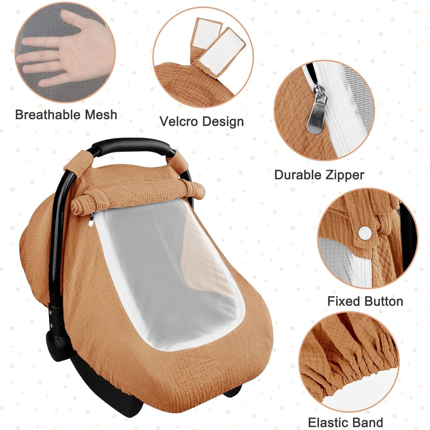 Hooyax Muslin Car Seat Covers for Babies, Summer Baby Car Seat Cover for Boys Girls with Breathable Window, Lightweight Infant Car Seat Canopy, Brown
