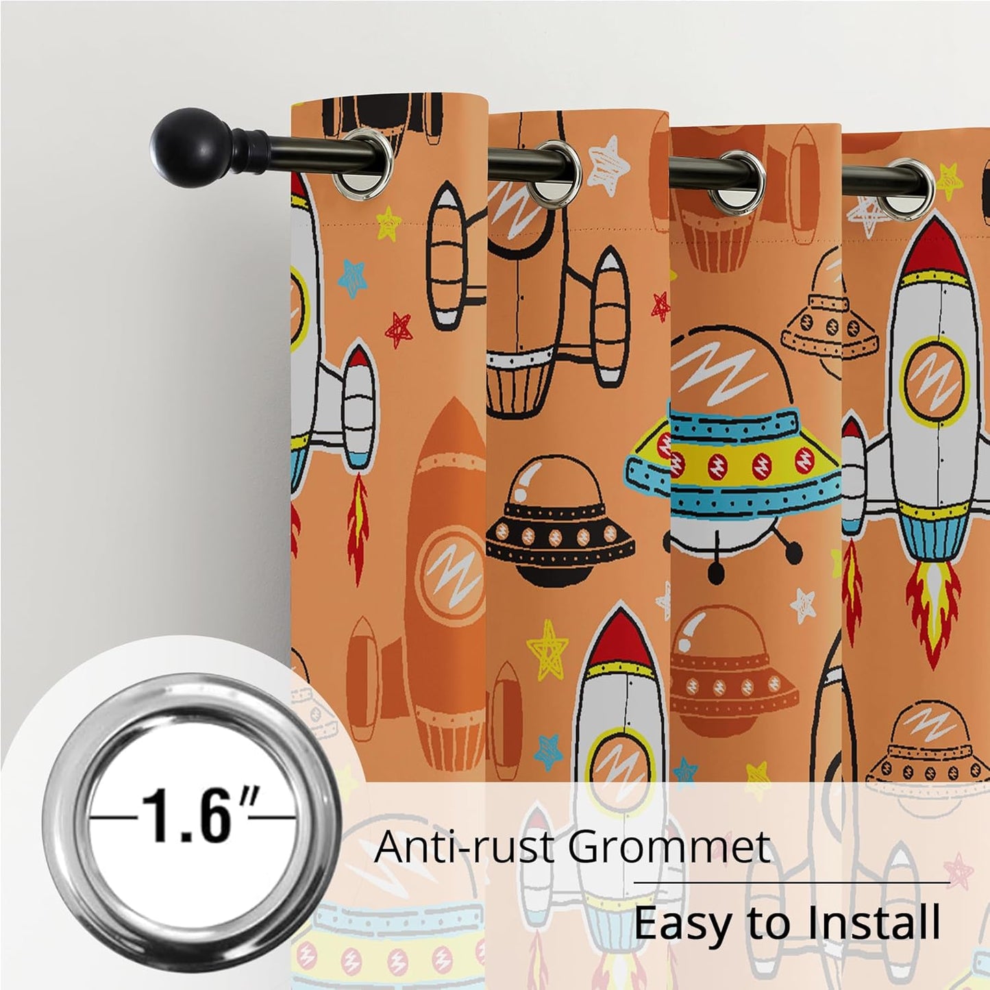 Kids Space UFO Rocket Blackout Curtains - 100% Blackout, Thermal Insulated, Noise Reducing, Perfect for Kids Room and Nursery, 2 Panels (Sunny Space Parade, W52×L84)