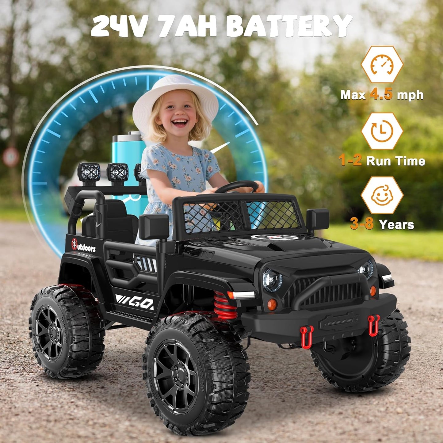 ANPABO 24V 2 Seater Ride On Car for Kids w/EVA Tires, 4X200W Motors, 4 Shock Absorbers, 2.4G Remote Control, Bluetooth Radio, LED Headlights & Searchlights, Electric Car for Kids Ages 3-8, Black