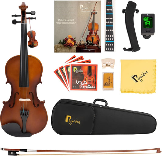 1/4 Size Violin Set for Beginner, Acoustic Violin 1/4 Outfit with Starter Kit for Student (Hard Case, Bow, Rosin, Extra Violin Strings 1/4 Full Set, Shoulder Rest, Clip-on Tuners) - Matte Brown