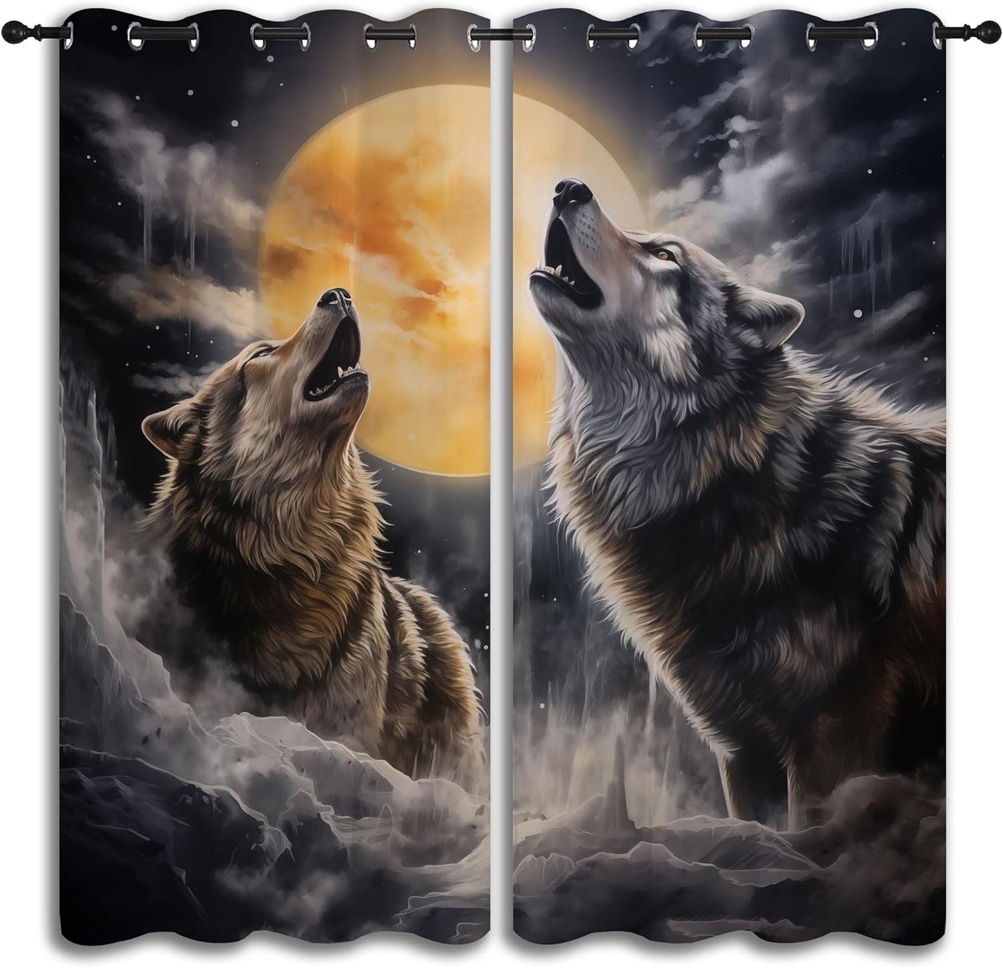 Fantasy Wolf Blackout Curtains for Boys Girl Bedroom Decor,Full Moon Starry Sky Wildlife Retro Thermal Insulated Grommet Drapes Darkening Window Curtain for Living Room Home 72x63 inch
