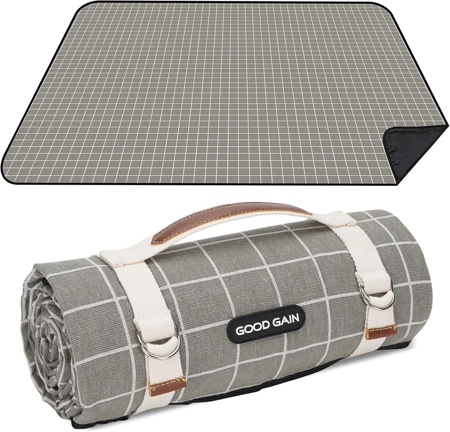 Picnic Outdoor Blankets Waterproof Extra Large - Beach Mat Sand Free Foldable with Carry Strap | Portable Camping Blanket | Park Blanket for Grass Park, Hiking, Travel, Concerts, Indoor (Grey Check)