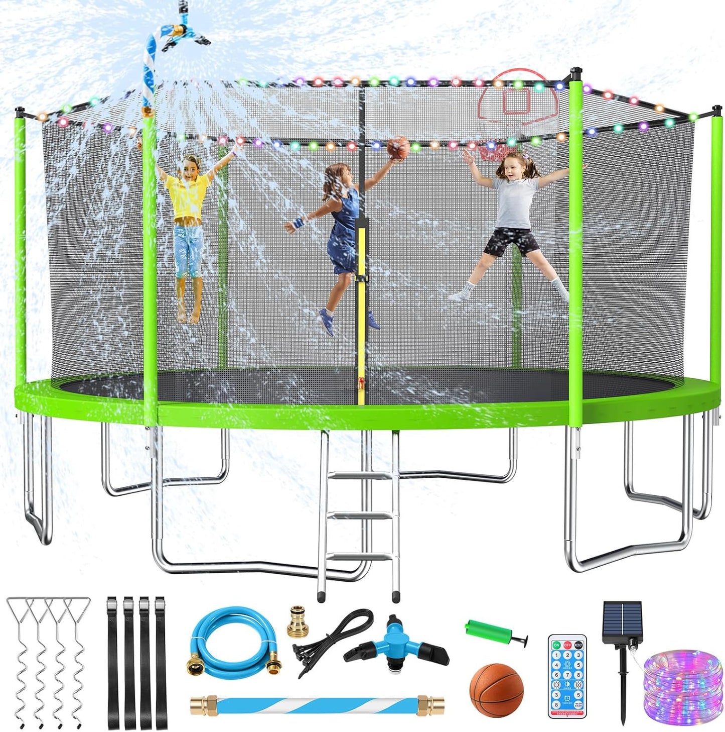 Upgraded 10/12/14/15/16FT Trampoline Outdoor, Large Kids Trampoline with Light, Stakes, Sprinkler, Backyard Trampoline with Basketball Hoop and Net, Capacity for 4-6 Kids and Adults