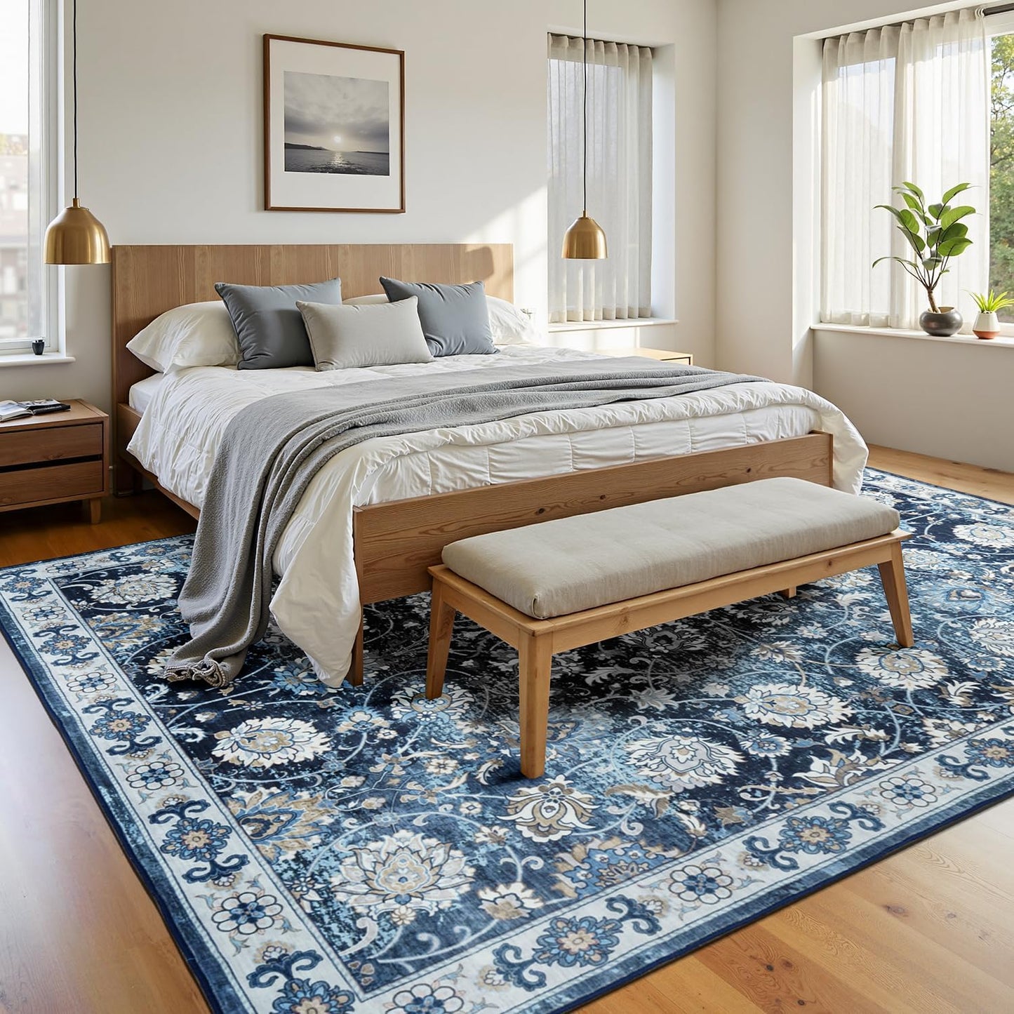 Floral Washable Area Rugs 5x7, Vintage Rug for Living Room, Large Bedroom Carpet, Non Slip Low Pile Ultra Soft Carpets for Indoor Dining Home Nursery Playroom Under Table, Blue Garden