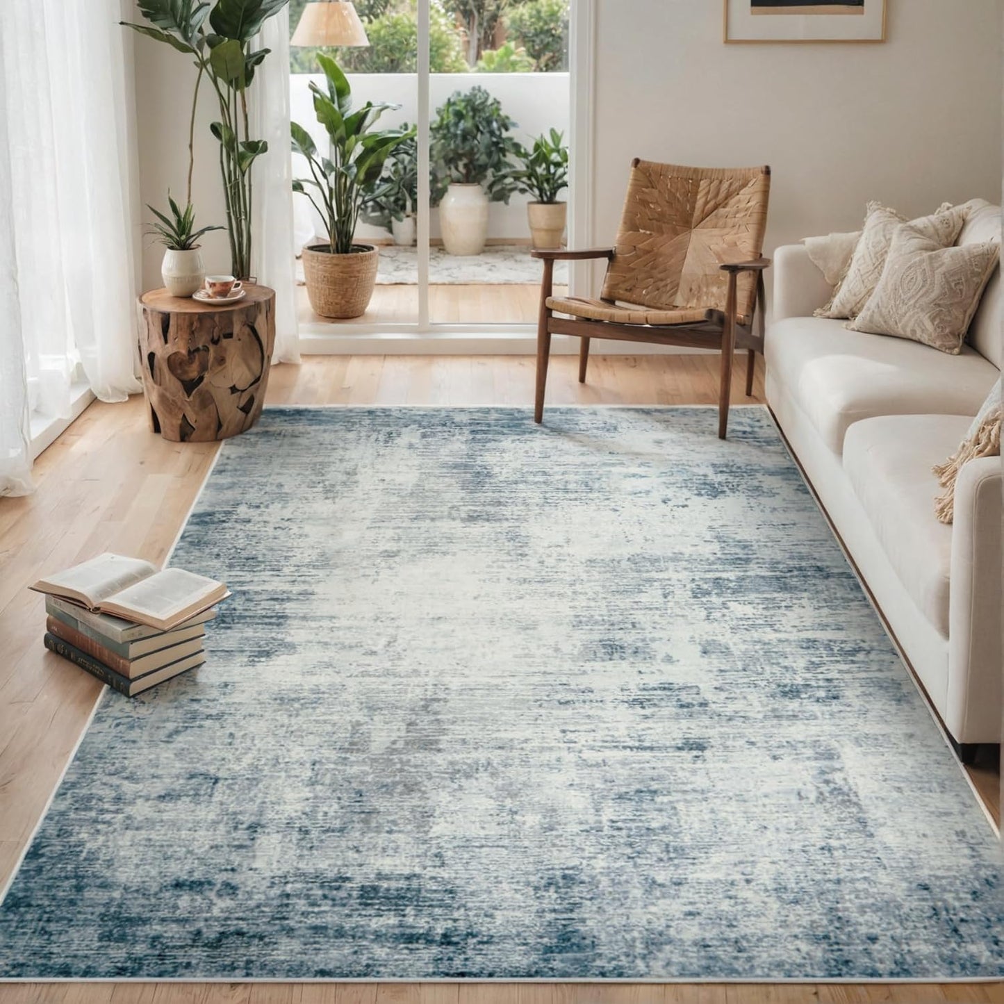 Area Rugs 8x10 Living Room Rugs: Modern Abstract Washable Rug with with Non-Slip Backing, Stain Resistant Indoor Floor Large Carpet for Bedroom Dining Room Table Nursery Hallway Home Office-Blue/Ivory