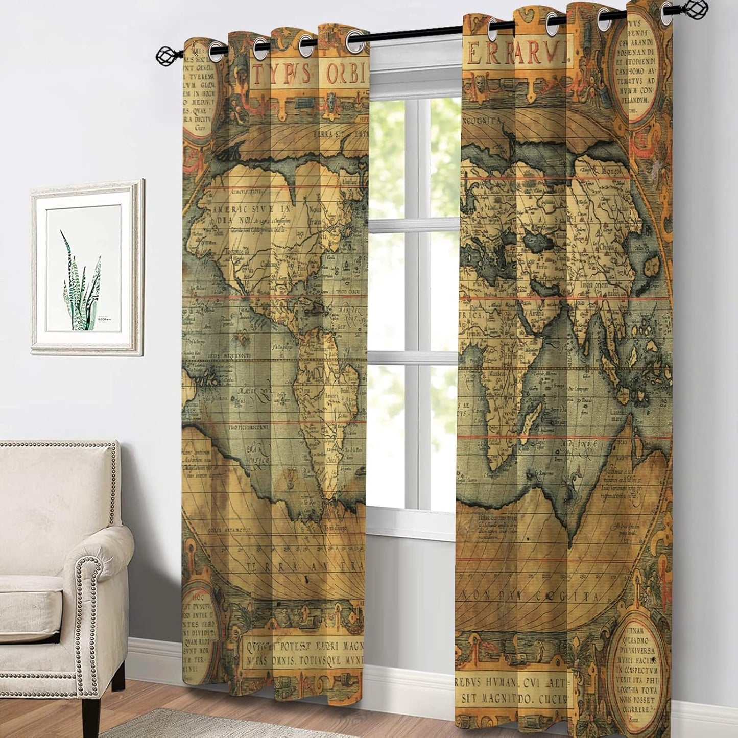 Aimego World Map Blackout Curtains Vintage Nostalgic Printing Design Old World Map Window Drapes Decor for Bedroom Living Room Grommet Top Room Darkening Curtains 2 Panel Set, 52"X63"