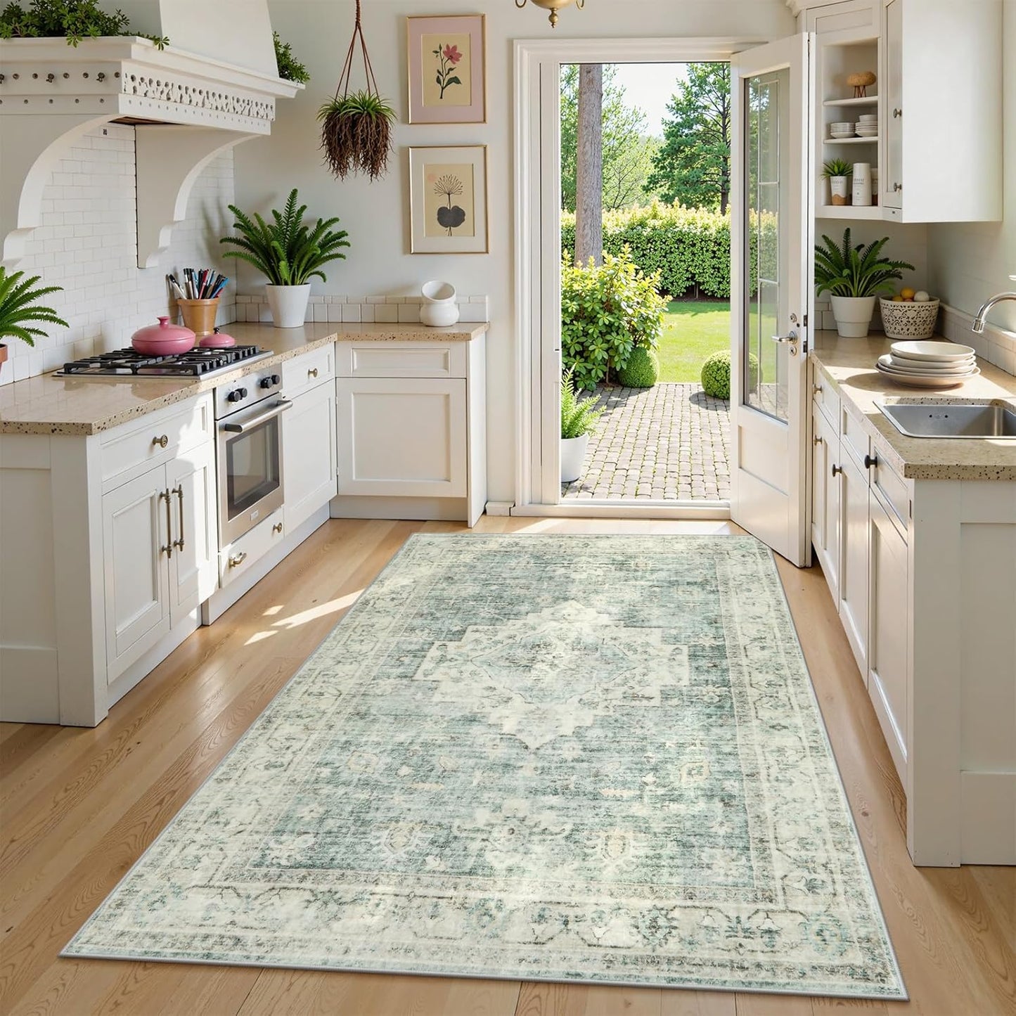 LIVEBOX Bedroom 4x6 Washable Area Rug for Entryway Kitchen, Non-Slip Soft Boho Rugs for Dining Room Office, Farmhouse Low-Pile Neutral Soft Carpet for Nursery Room Playroom, Sage Green