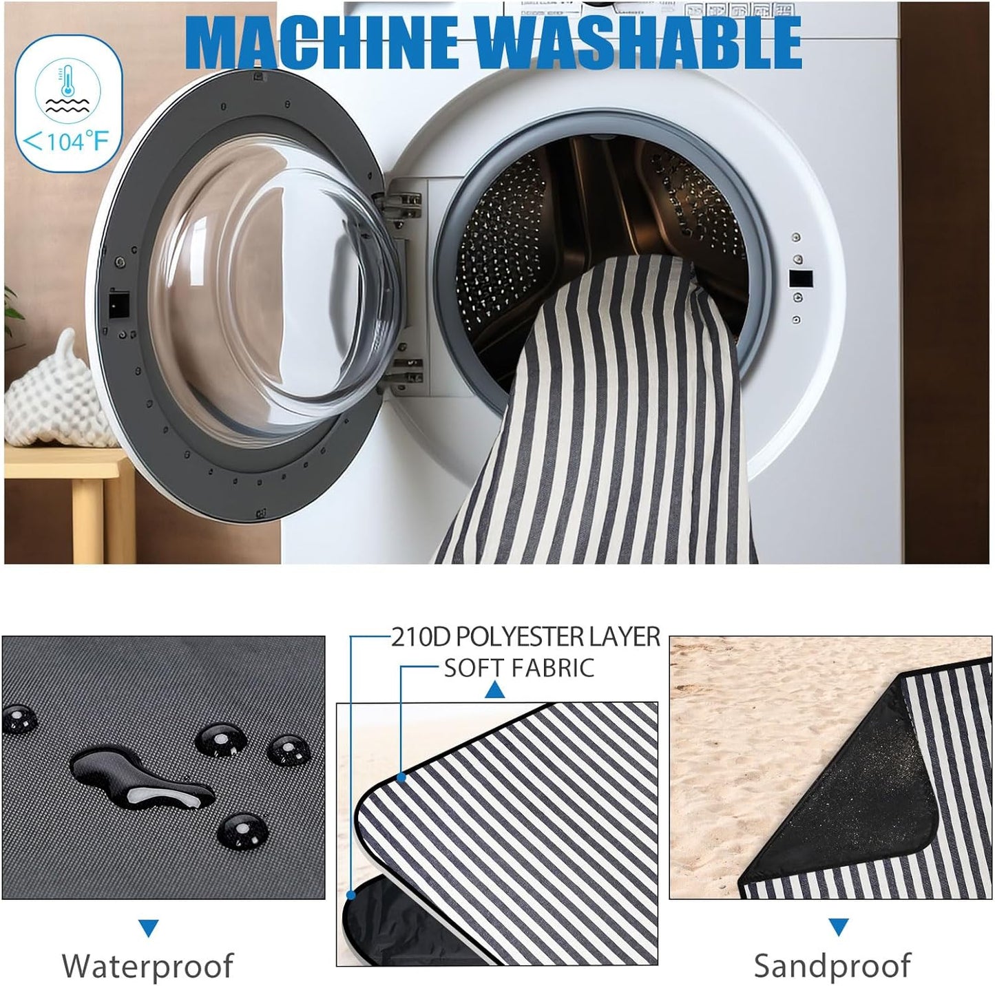 Picnic Blankets Outdoor Extra Large - Waterproof Picnic Blanket with Carry Strap | Machine Washable Picnic Mat with Sandproof Backing for Park,Grass,Hiking,Travel,Concerts,Indoor(Aegean Blue)