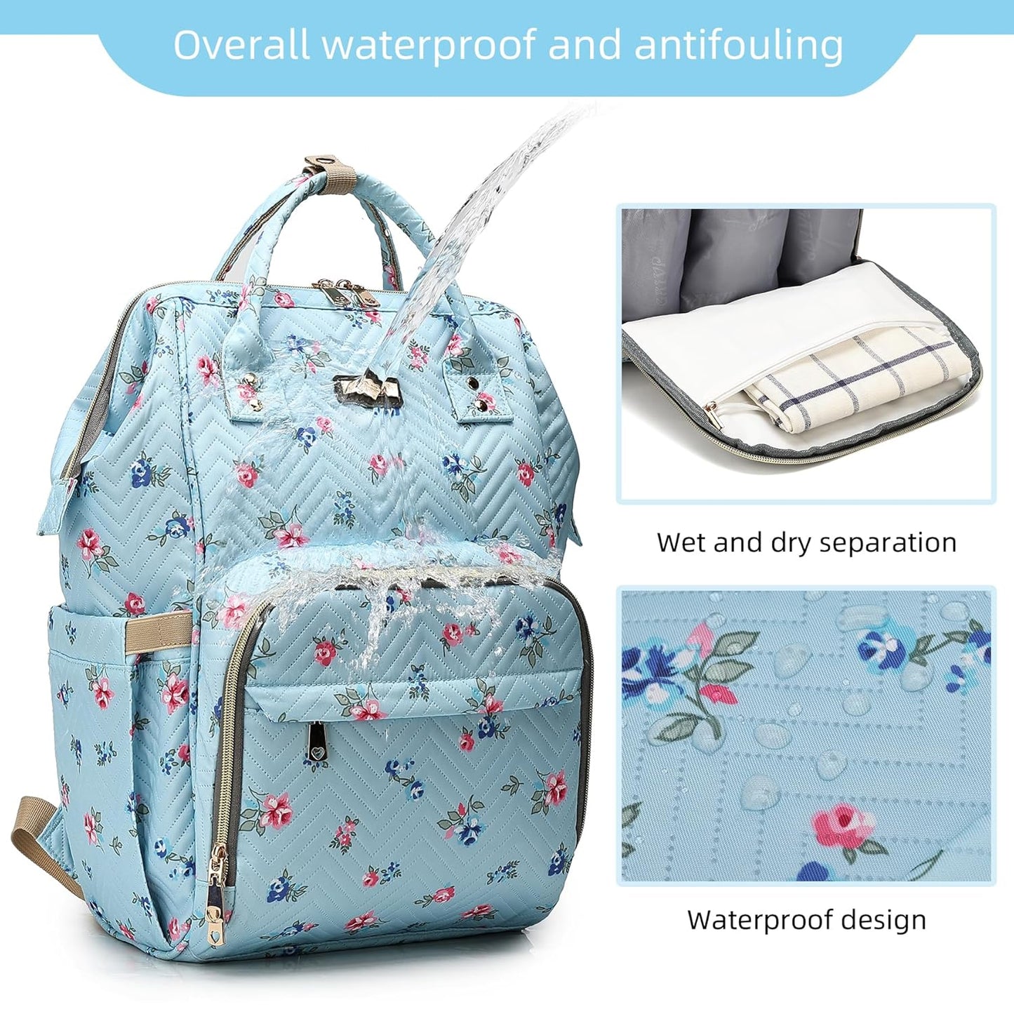 Diaper Bag Backpack for Women, Baby Bags for Girls,Diaper Bag with Changing Pad, and Insulated Pockets-Blue Flowers