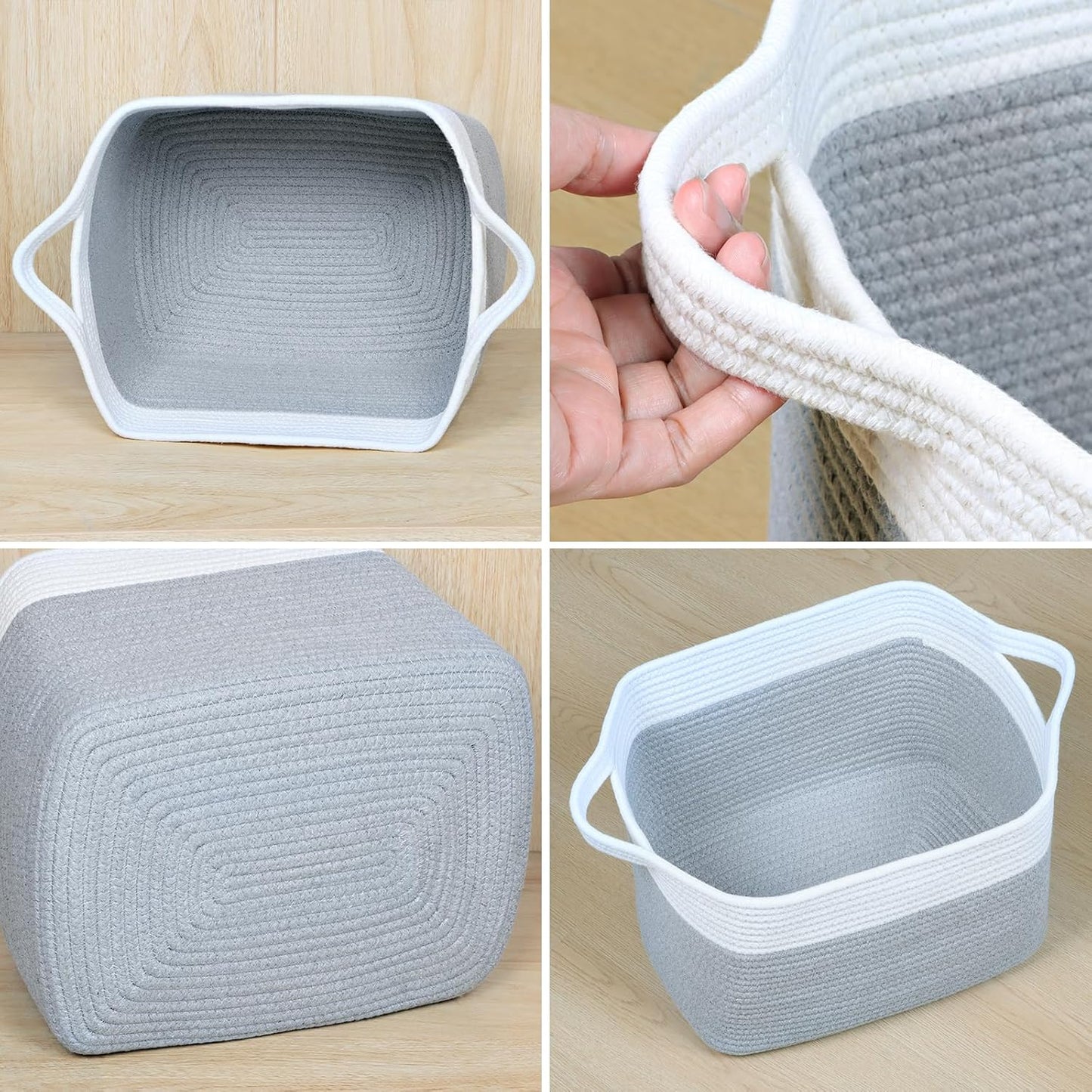 Kntiwiwo Storage Baskets for Organizing 14.7”x11”x9.6” Rope Storage Baskets for Shelves with Handles, Decorative Closet Baskets & Bins, Large Woven Baskets for Storage, White & Grey