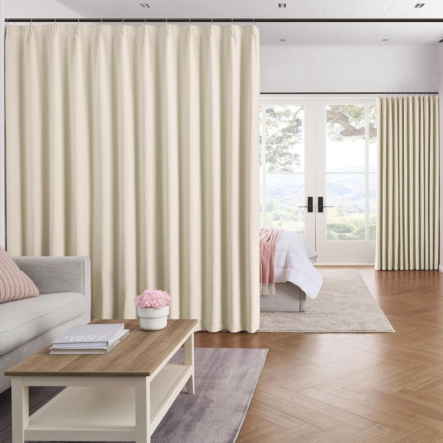 KEQIAOSUOCAI Pinch Pleated Curtains 105 Inches Long,Memory Shape Room Darkening Soundproof Window Curtains with Hooks for Bedroom Living Room Track System 100 x 105 x 2 Panels Cream Beige