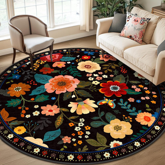 Floral 8ft Area Rug Machine Washable Soft Print Boho Carpet Non Slip Doormat Low Pile Flower Area Rugs for Living Room Bedroom Nursery Kitchen Dining Room Indoor-Black
