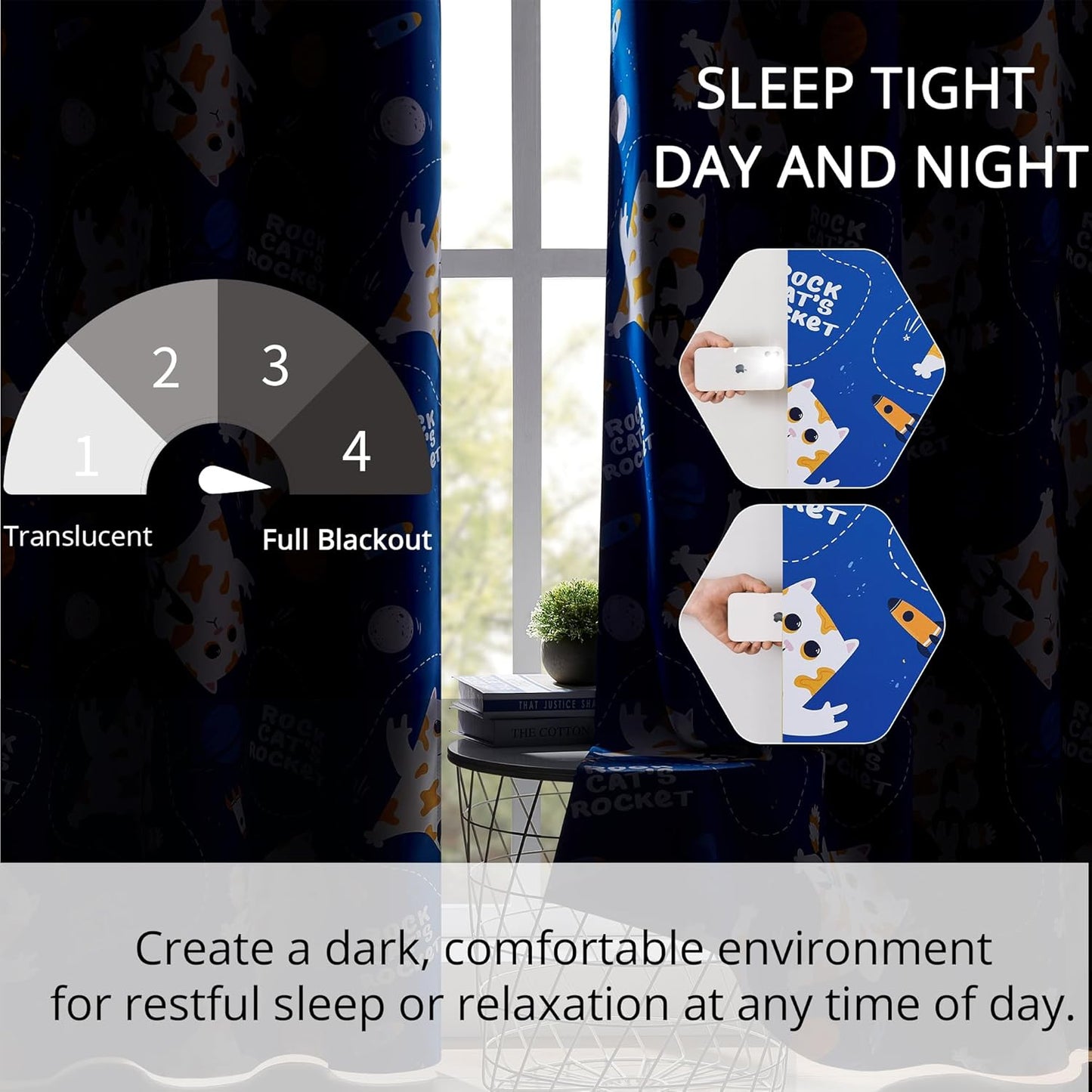 Kids Blackout Curtains - Space Cat Design, 100% Blackout, 2 Panels, Each W52×L84, Thermal Insulated Curtains for Bedroom, Noise Reducing, Combine Functionality with a Fun and Creative Design