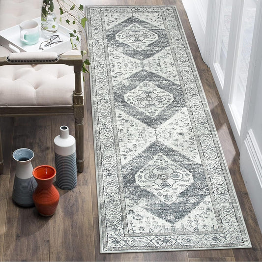 Lahome Boho Runner Rug for Hallway - 2x7 ‎Stain Resistant Non-Slip Kitchen Runners Non Skid Washable 7 Ft Lightweight Throw Bathroom Runner, Oriental Distressed Print Runner for Bedroom Laundry Room
