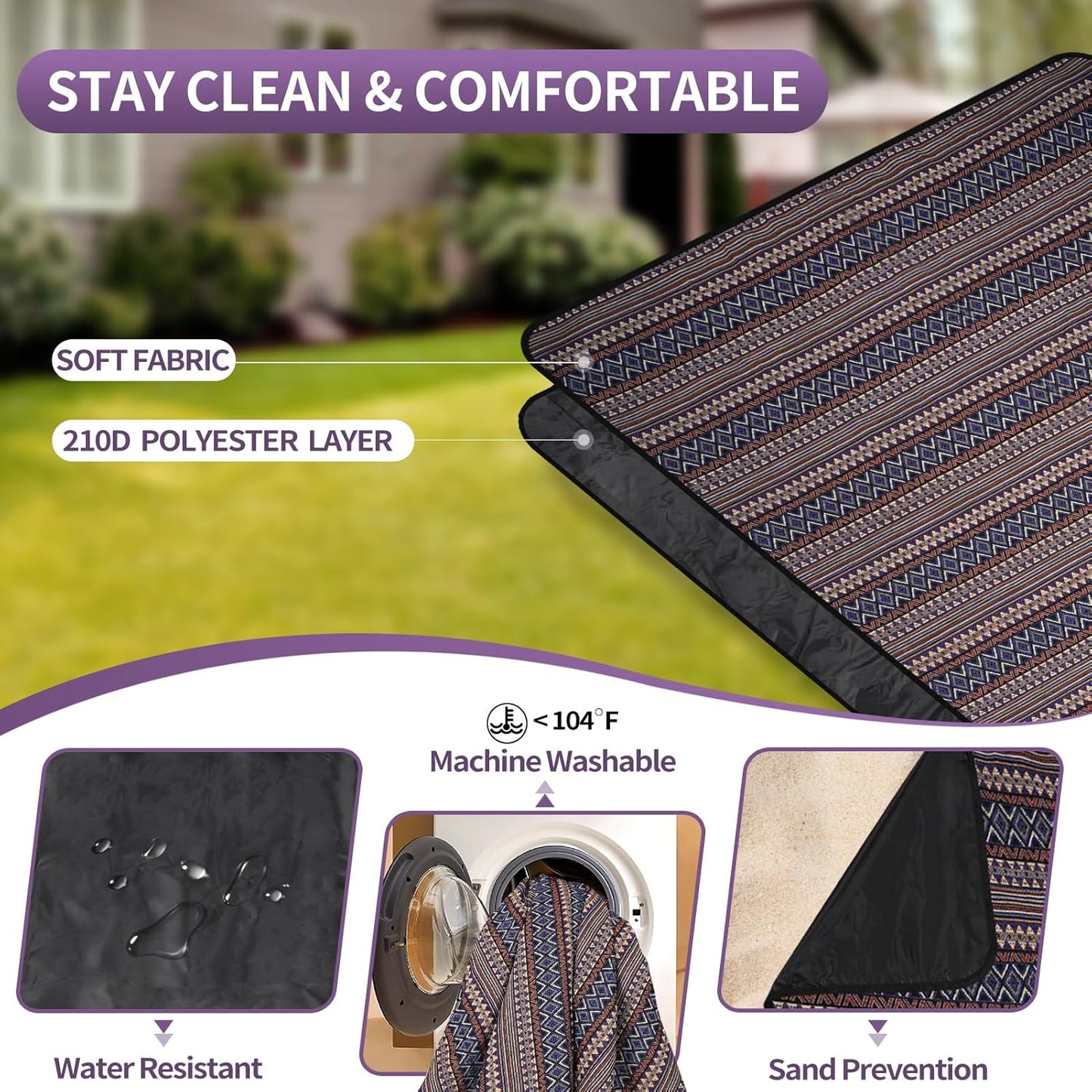 Picnic Blankets Outdoor Extra Large-Waterproof Picnic Blanket with Shoulder Carry Strap | Machine Washable Picnic Mat with Sandproof Backing for Park , Grass, Camping, Hiking, Concerts (Blue)