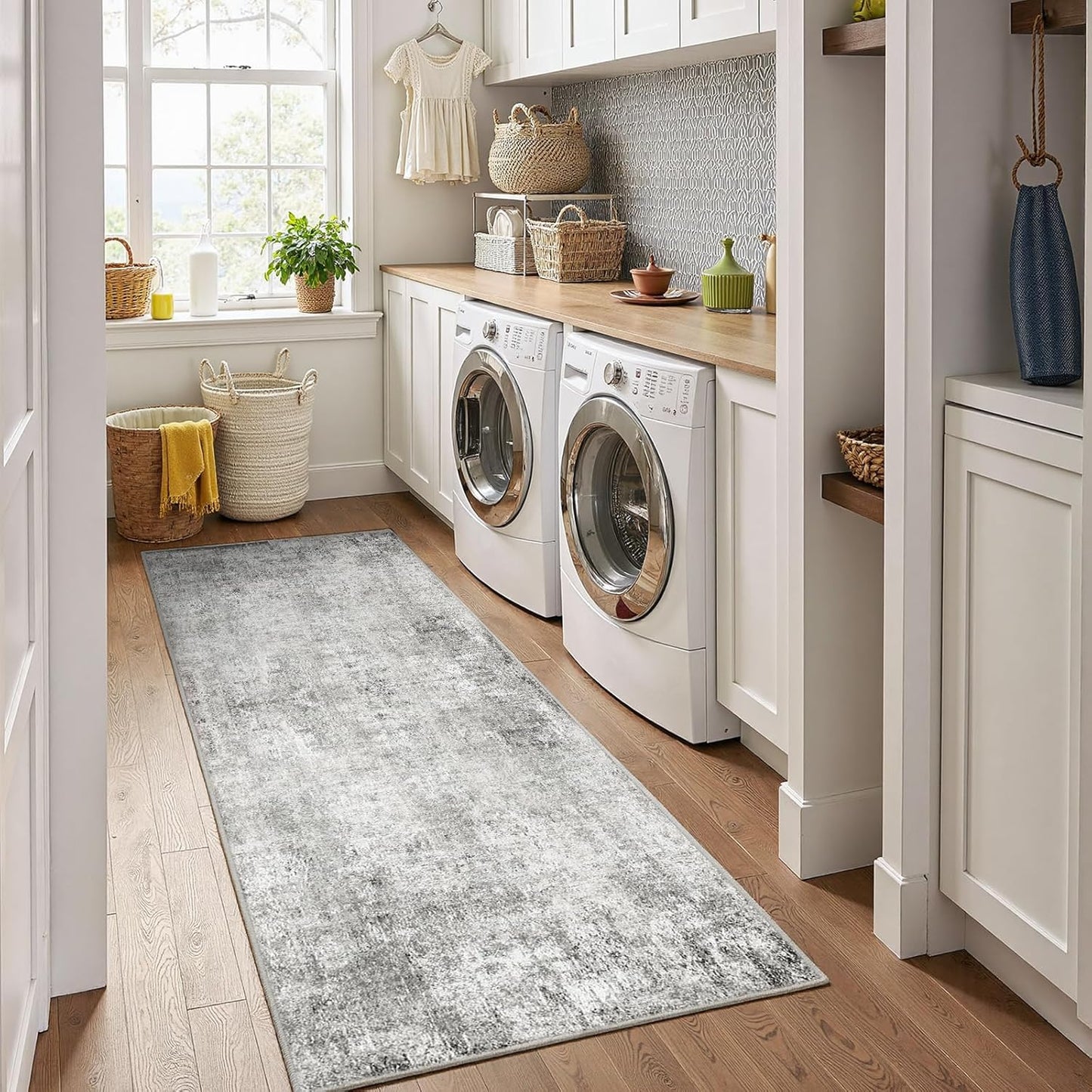 Washable Area Rugs 2'x6' Non-Slip Modern Abstract Soft for Living Room Entryway Bedroom Nursery, Print Pattern, Gray White Grey