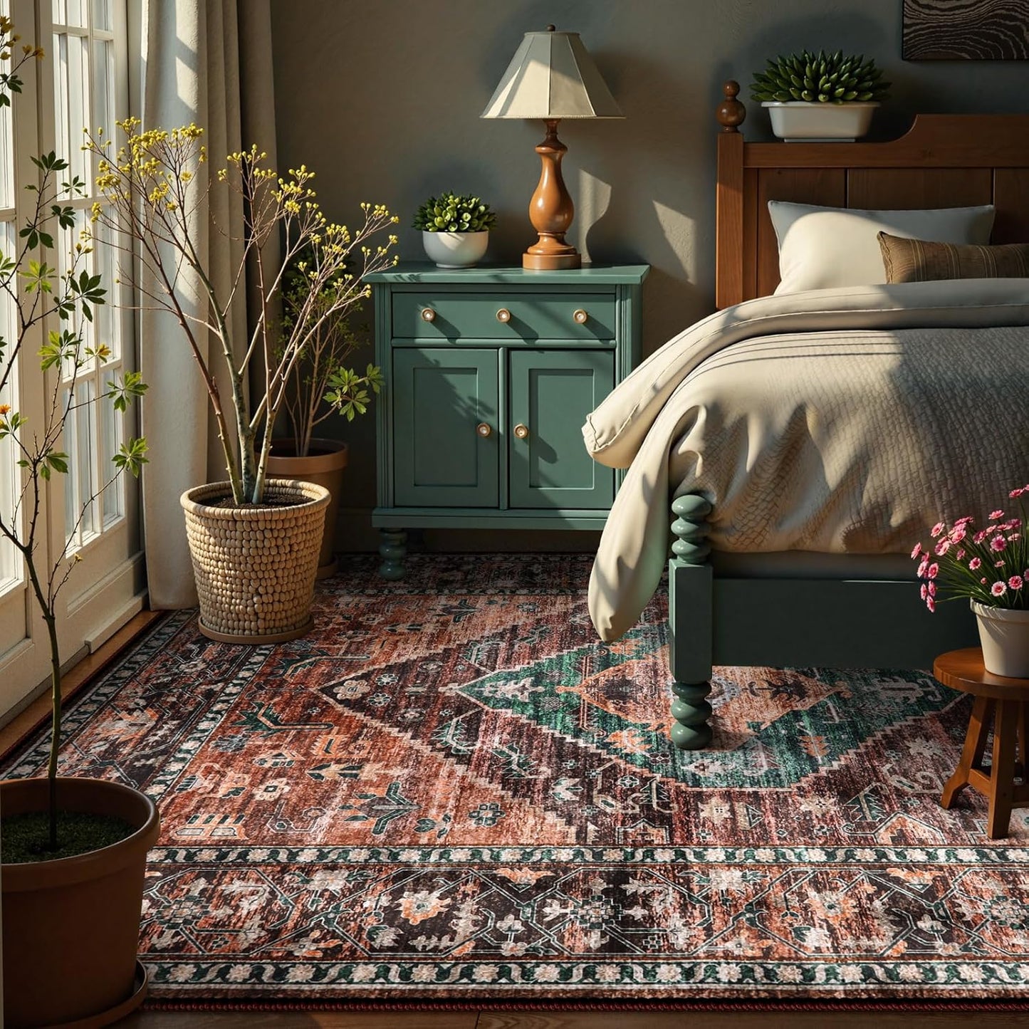 Lahome 8x10 Ultra-Thin Living Room Rug （Non-Slip Washable Non-Shedding）（Oriental Vintage Distressed Carpet for Dining，Bedroom，Office）