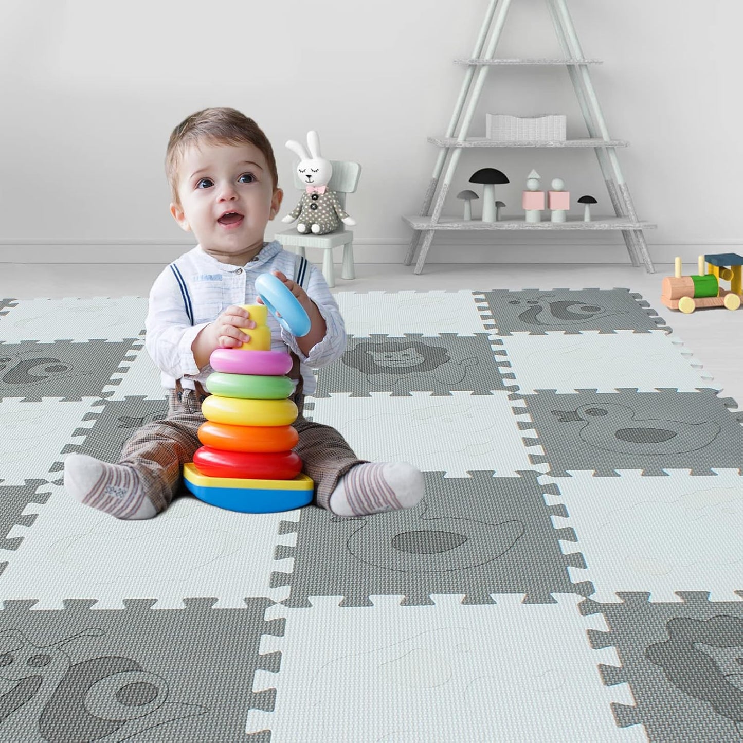 qqpp EVA 18 Tiles Baby Play Mat for Playing, Interlocking Foam Floor Mats for Tummy Time & Crawling, Puzzle Flooring Tiles with Animals Laser Pattern for Kids. QL-11(AL) b18N