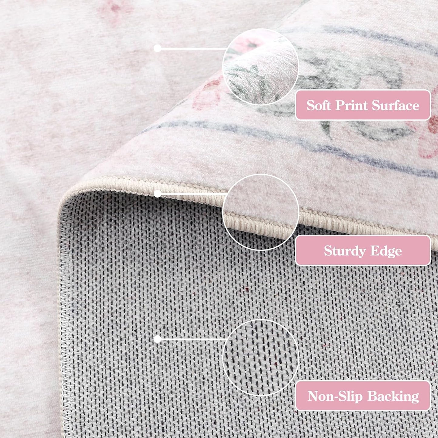 Wonnitar Floral Bow Print 8x10 Area Rugs, Washable Pink Rugs for Bedroom Girls, Boho Ultra-Thin Soft Non Slip Carpet for Nursery Living Room Kids Room Classroom Decor, Light Pink