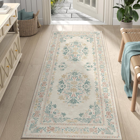jinchan Vintage Floral Runner Rug 2x6 - Machine Washable Distressed Design Non-Slip Low-Pile Soft Thin Carpet for Hallway Kitchen Farmhouse Bedroom Entryway Laundry Room (2x6ft,Apricot Multi)