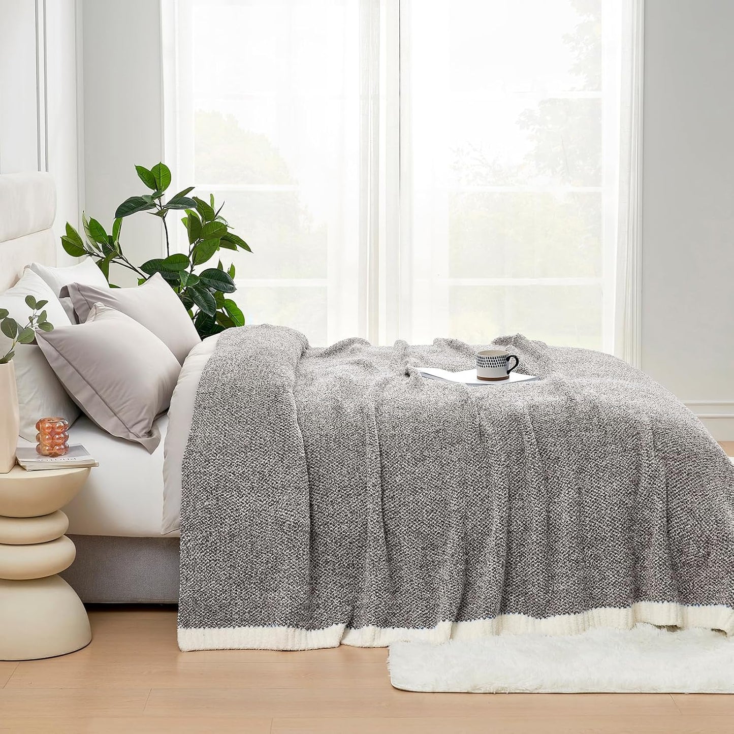 Snuggle Sac Queen Size Bedding Blankets, Super Soft Warm Oversized Blankets for Bed, Cozy Knit Fuzzy Plush Bed Blankets,Heather Dark Grey,90x90 inches