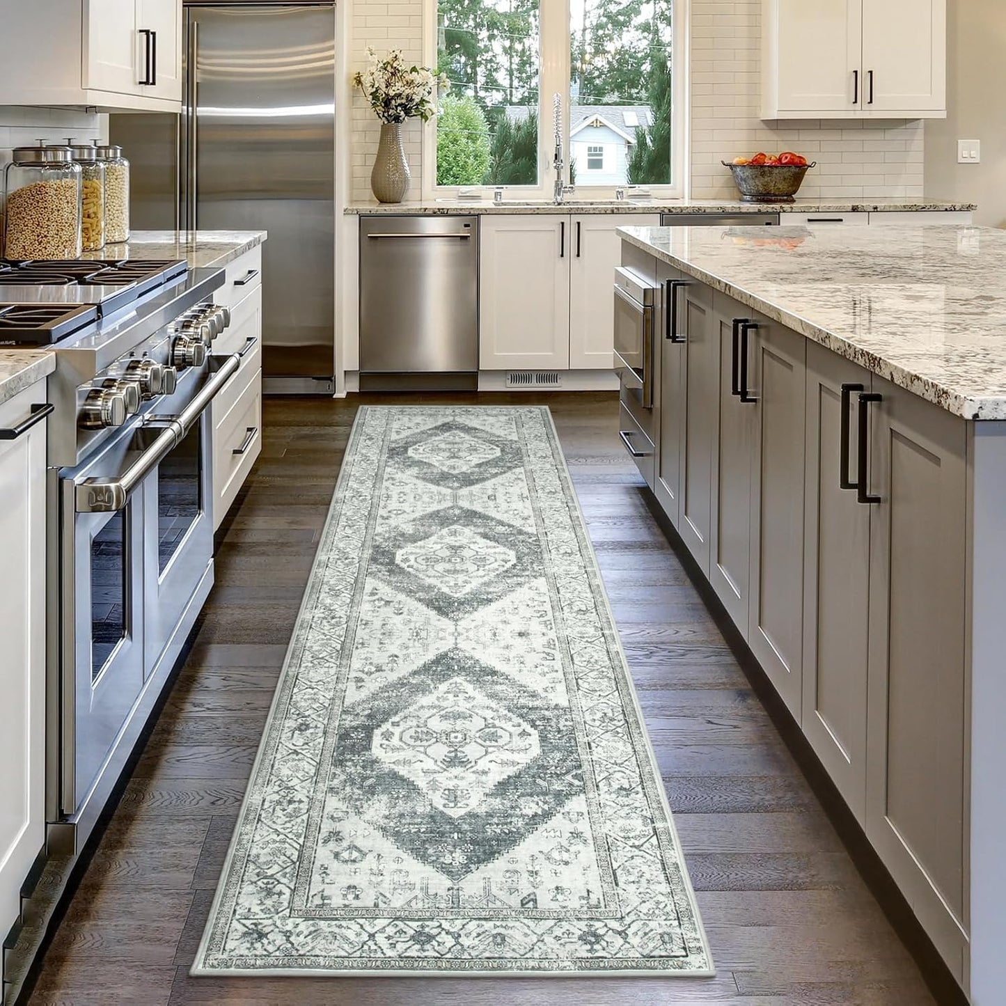 Lahome Boho Hallway Runner Rug 2x6, Washable Untra-Thin Non-Slip Kitchen Runner, Oriental Distressed Print Rug for Entryway Bathroom Laundry Room Bedroom, Grey