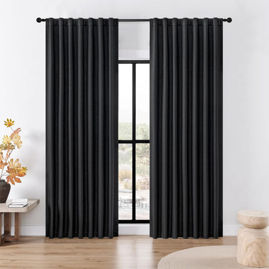 Joydeco Faux Linen Blackout Curtains for Bedroom,Black Blackout Curtains 90 inches Long,100% Blackout Solid Thermal Insulated Window Drapes Luxury Decor for Living Room（W52xL90 Inch,Black）