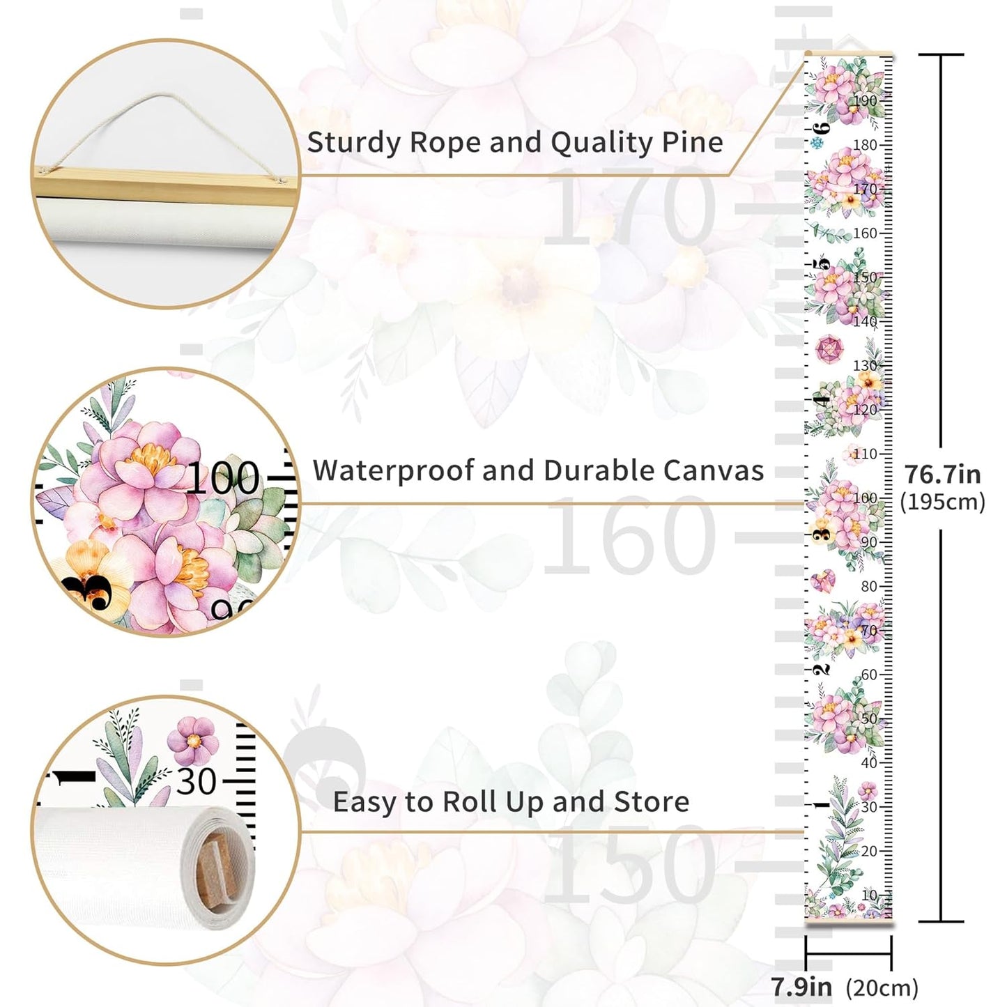 Height Chart for Kids Growth Measuring Girls Room Playroom Essentials Toddler Bedroom Nursery Baby Home Purple Flowers Canvas Wall Decor