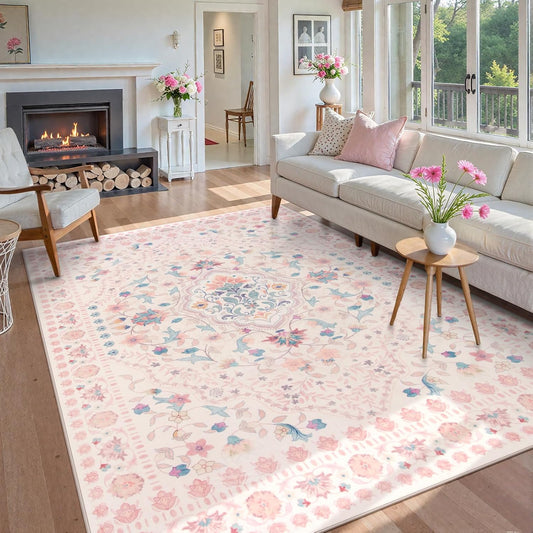 Wonnitar Boho Floral 8x10 Pink Area Rug, Washable Kids Rugs for Bedroom, Large Ultra-Thin Soft Non Slip Carpet for Nursery Living Room Playroom Classroom, Pastel Pink