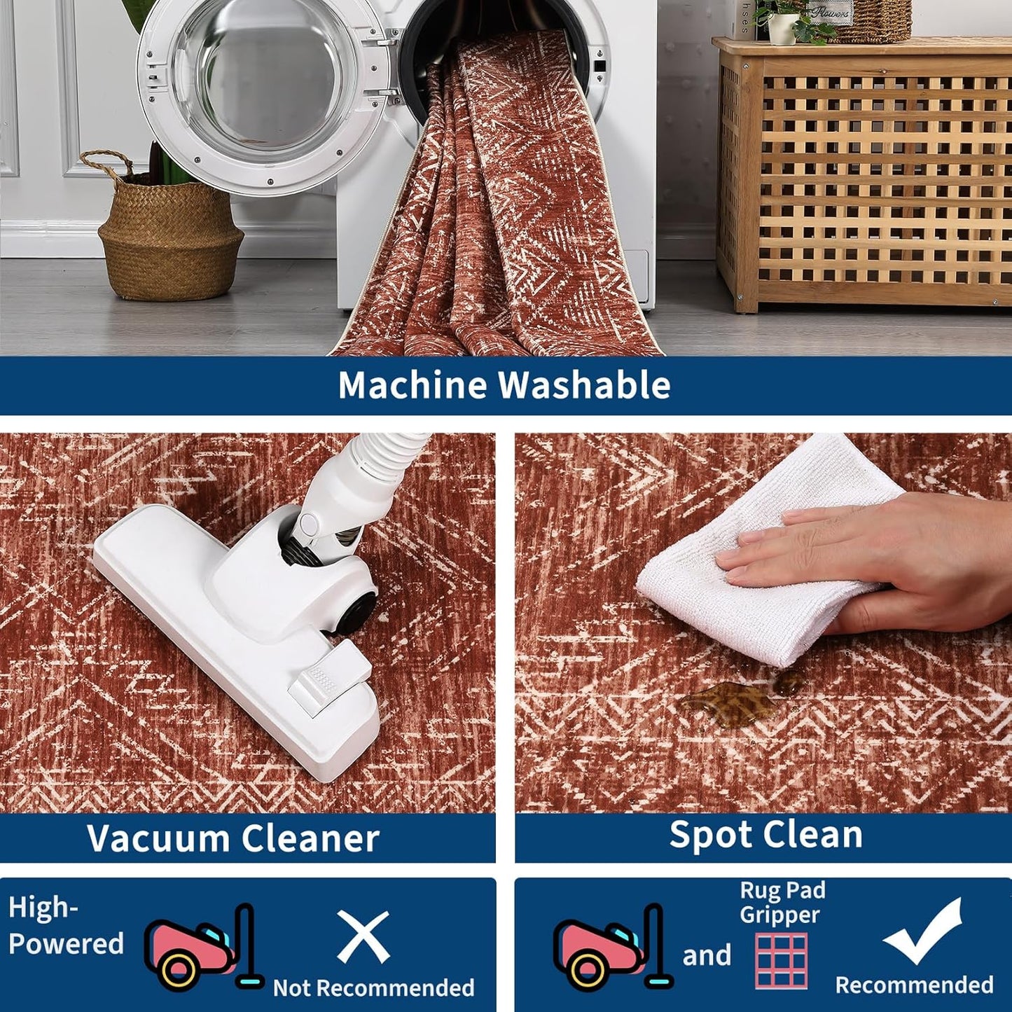 COZYLOOM 2x8 Rug Modern Indoor Area Rug Machine-Washable for Living Room or Bedroom Softness Foldable Carpet for Easy Storage Geometric Design Non Slip Rug Stain Resistant Carpet, Brick Red