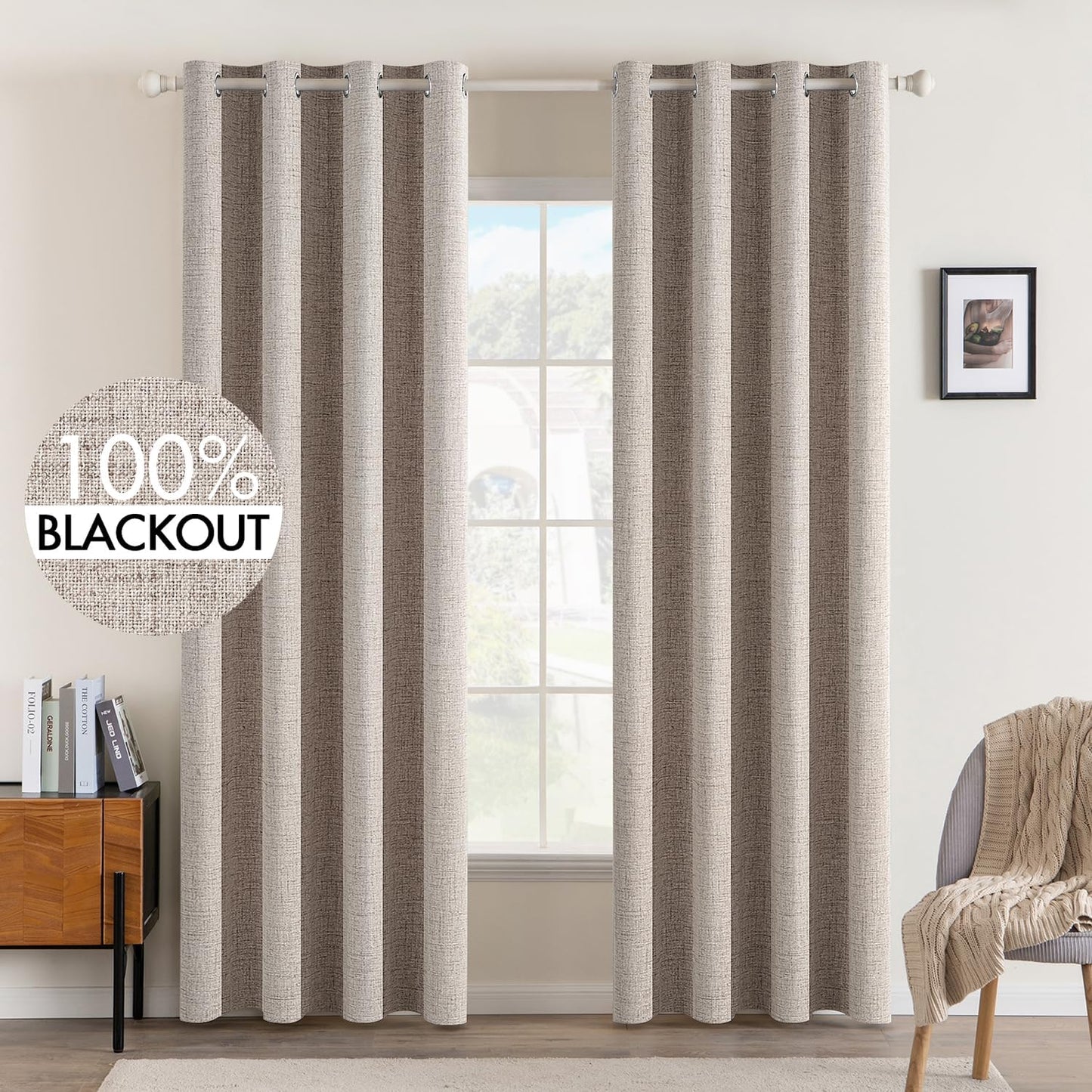 MIULEE Linen Texture Curtains for Bedroom Solid 100% Blackout Thermal Insulated Khaki Curtains Grommet Room Darkening Drapes Luxury Decor for Living Room Nursery 52x96 Inch (2 Panels)